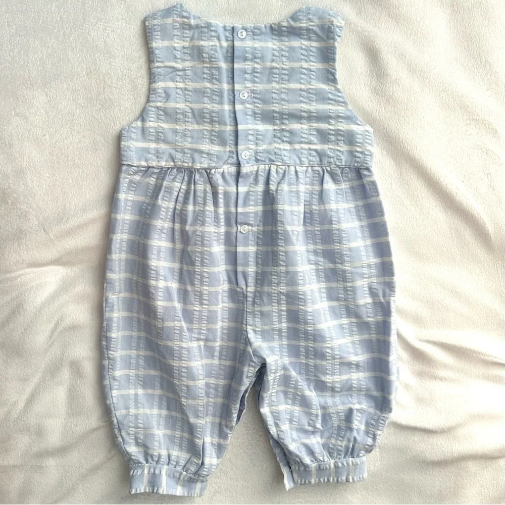 Vintage Overalls Romper Blue & White Plaid Baby Boy 3/6M Sailboat Boat Sun Scene
